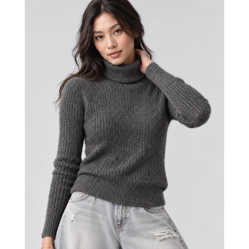 Zara Womens Grey Ribbed Wool Mohair Blend Turtleneck Sweater Large NWOT